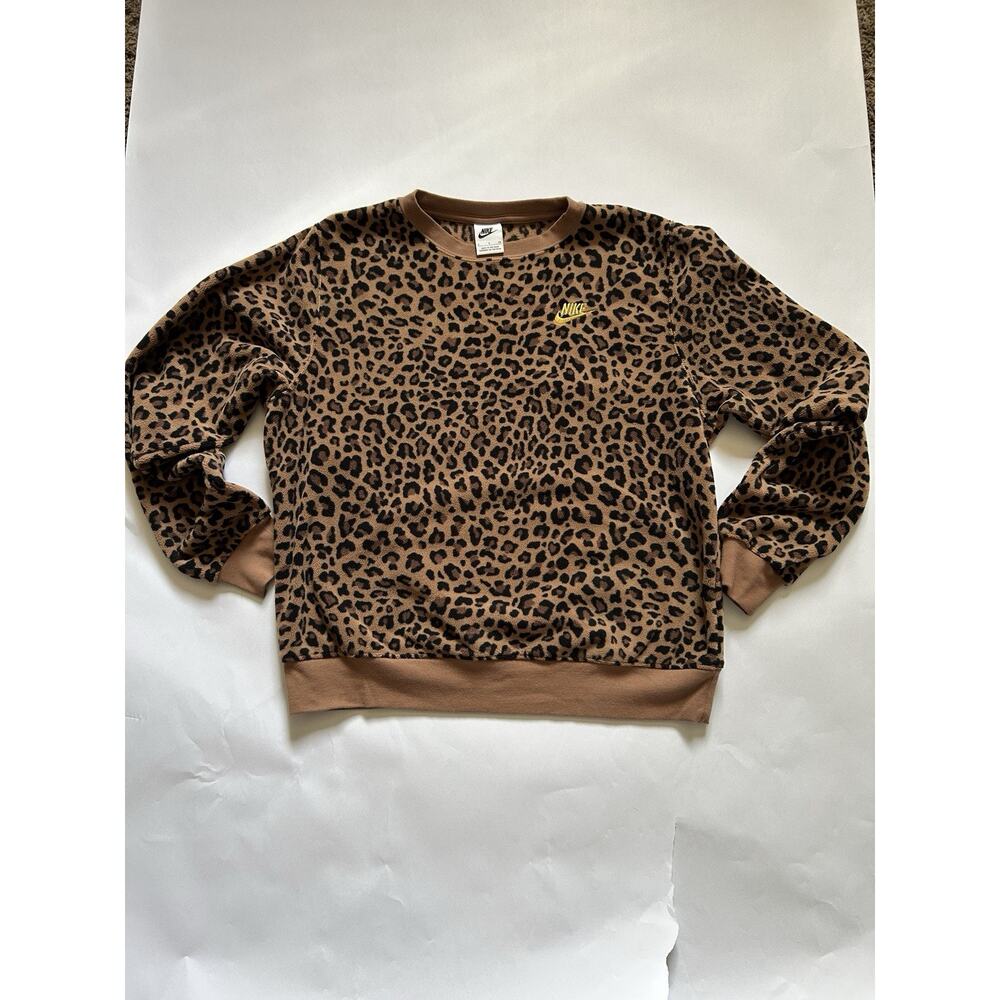 Nike Leopard Print Sweatshirt Women Small Brown Crewneck Fleece Pullover - Picture 2 of 12